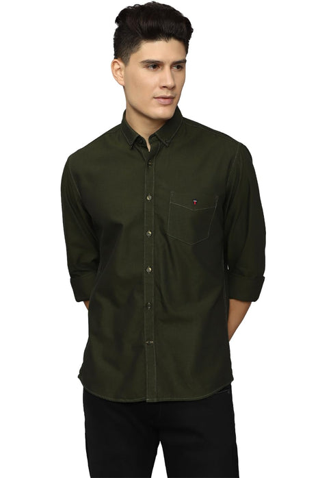 Louis Philippe Men's Solid Slim Fit Shirt (LYSFCSLB081696_Olive 