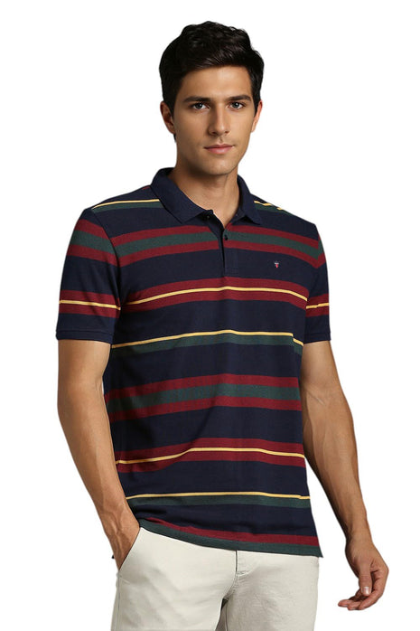 Louis Philippe Men's Striped Slim Fit T-Shirt (LYKPCSLBN12553_Navy 