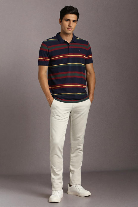 Louis Philippe Men's Striped Slim Fit T-Shirt (LYKPCSLBN12553_Navy 
