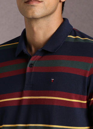 Louis Philippe Men's Striped Slim Fit T-Shirt (LYKPCSLBN12553_Navy 