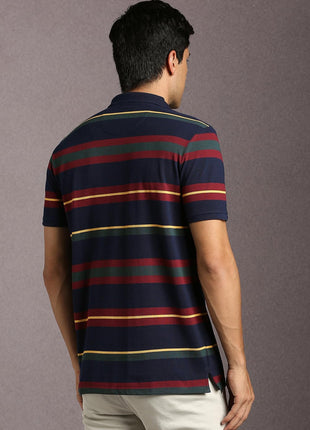 Louis Philippe Men's Striped Slim Fit T-Shirt (LYKPCSLBN12553_Navy 