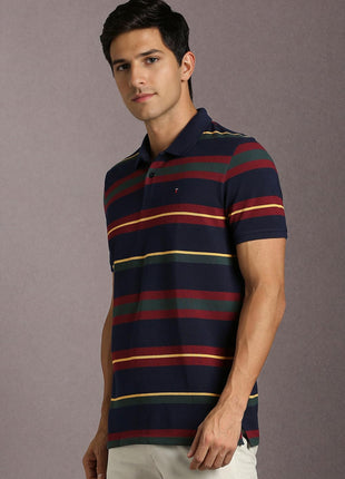 Louis Philippe Men's Striped Slim Fit T-Shirt (LYKPCSLBN12553_Navy 