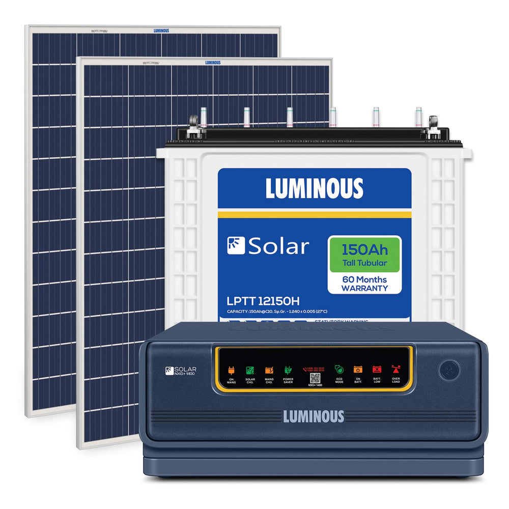 Luminous Solar Combo for Home, Office & Shop | NXG+ 1450 Inverter, LPTT 12150H Battery & 170W Solar Panel (2 Units) | Off-Grid Power Backup System, Blue