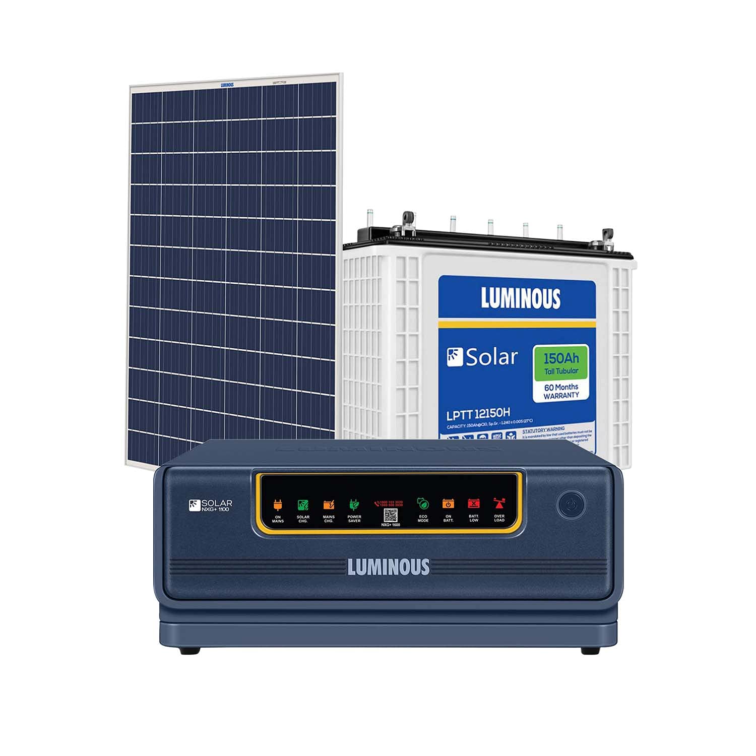 Luminous Solar Solution for Home, Office & Shops (1x NXG+ 1100 Hybrid Inverter, 1 x LPT12150H 150Ah tall tubular inverter battery, 1 x Polycrystalline 165 watts solar panel) 