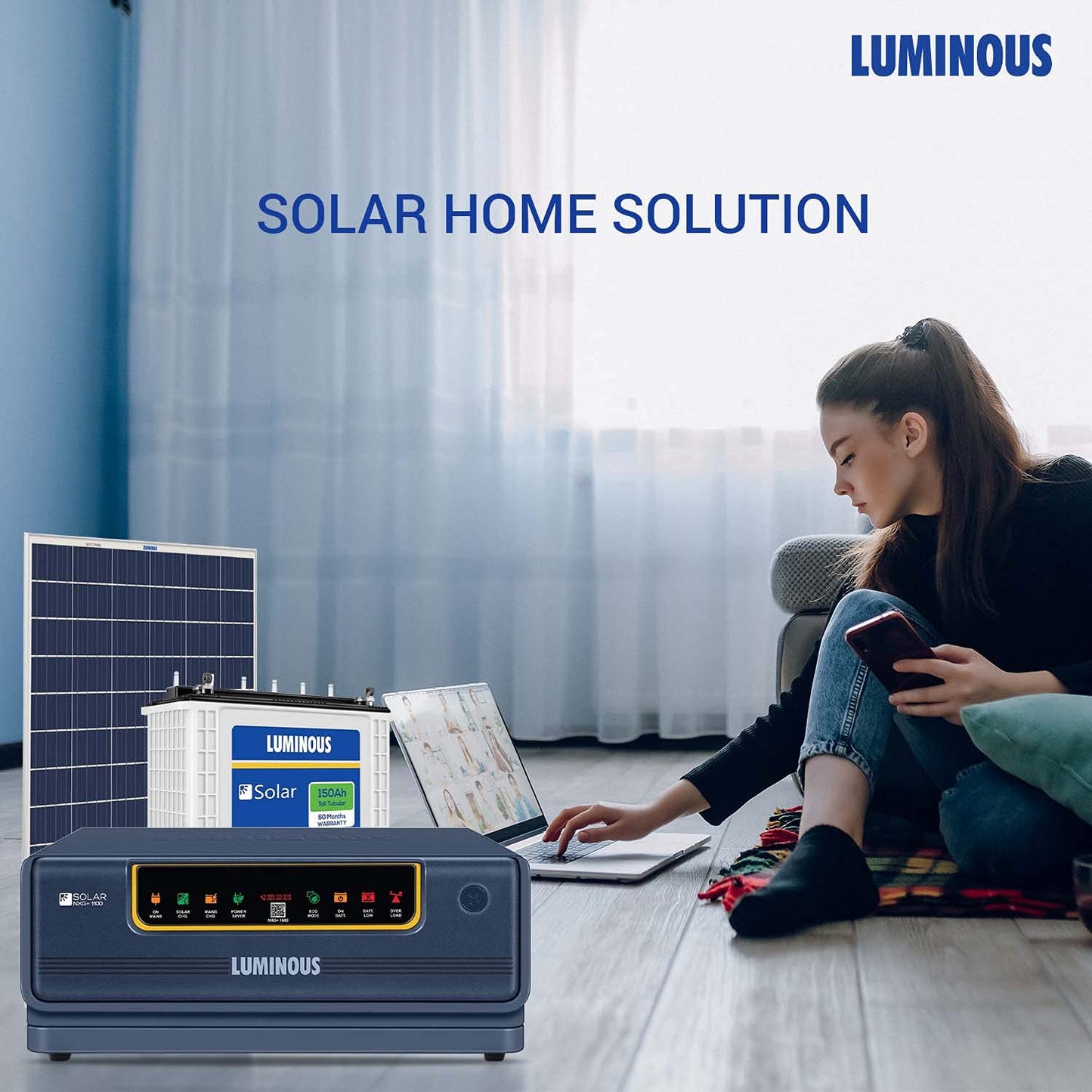 Luminous Solar Solution for Home, Office & Shops (1x NXG+ 1100 Hybrid Inverter, 1 x LPT12150H 150Ah tall tubular inverter battery, 1 x Polycrystalline 165 watts solar panel) 