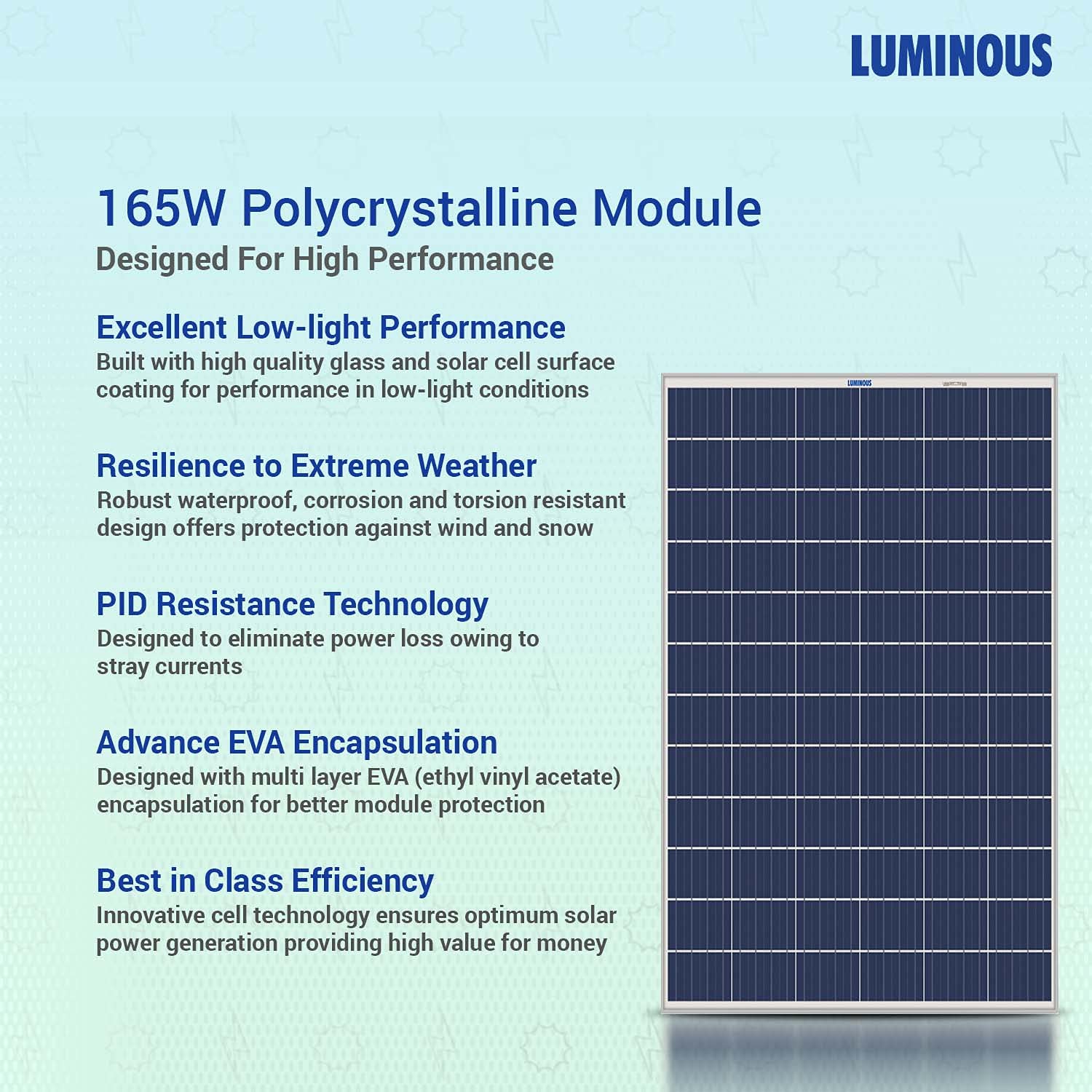 Luminous Solar Solution for Home, Office & Shops (1x NXG+ 1100 Hybrid Inverter, 1 x LPT12150H 150Ah tall tubular inverter battery, 1 x Polycrystalline 165 watts solar panel) 