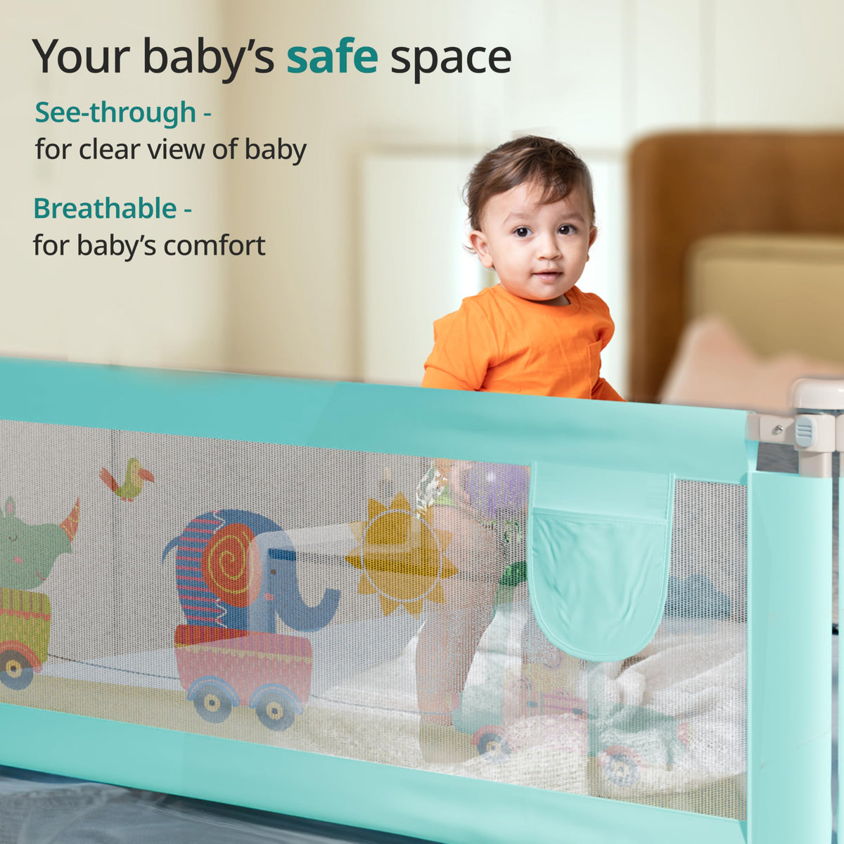 LuvLap Bed Rail Guard for Baby/Kids Safety, 180cm x 72 cm(6ft x 2.3ft), Portable & Foldable, Baby Safety Essential, Adjustable Height, Attractive Cartoon Prints, fits All Bed Sizes (Blue- Printed) 