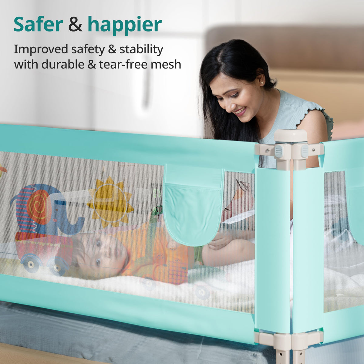 LuvLap Bed Rail Guard for Baby/Kids Safety, 180cm x 72 cm(6ft x 2.3ft), Portable & Foldable, Baby Safety Essential, Adjustable Height, Attractive Cartoon Prints, fits All Bed Sizes (Blue- Printed) 