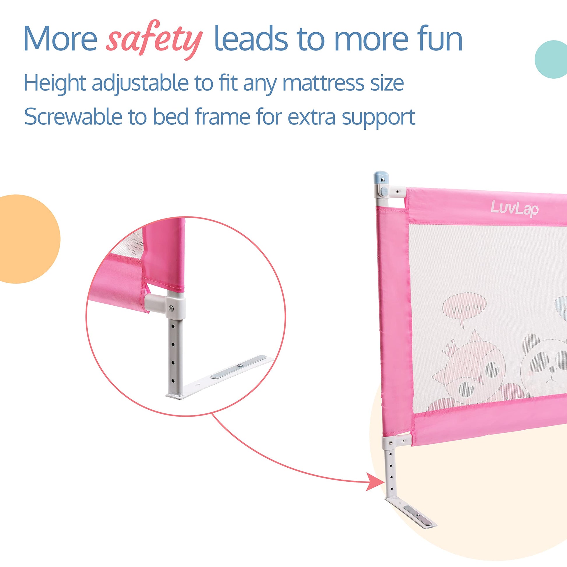 Luvlap Comfy Baby Bed Rail Guard (6 ft x 2.3 ft), 180cmx72cm, Bed Rails for Baby & Toddler Safety, Portable, Adjustable Height, Single Side Bed Rail, Pack of 1, Printed Pink 