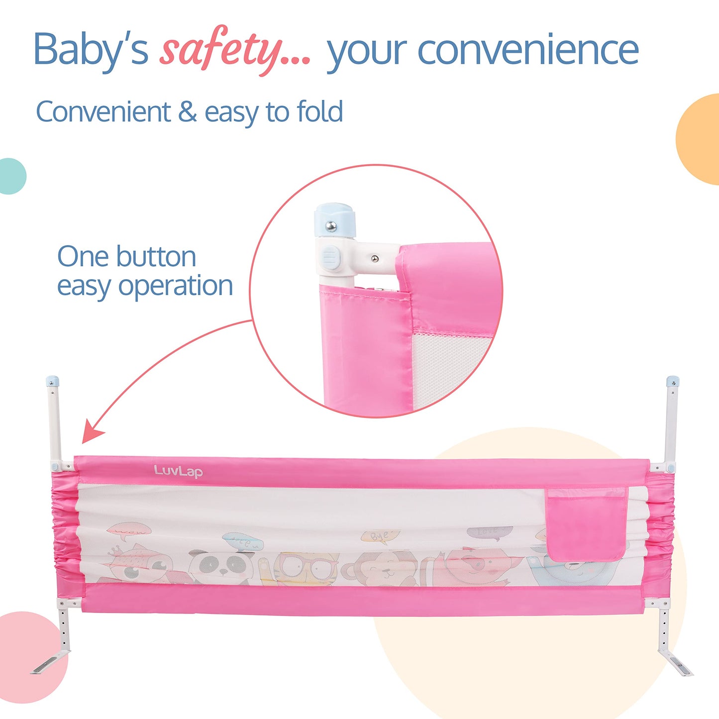 Luvlap Comfy Baby Bed Rail Guard (6 ft x 2.3 ft), 180cmx72cm, Bed Rails for Baby & Toddler Safety, Portable, Adjustable Height, Single Side Bed Rail, Pack of 1, Printed Pink 