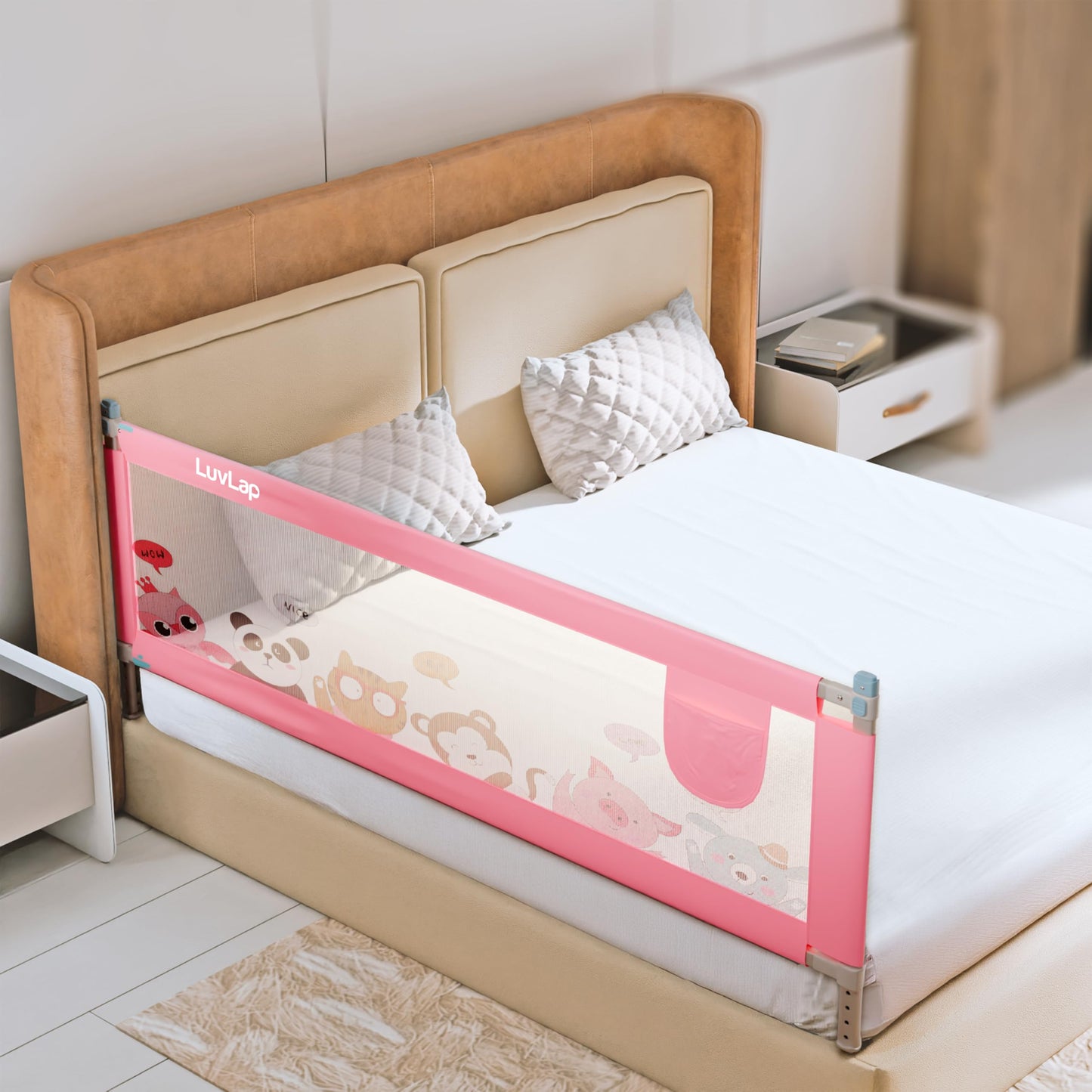 Luvlap Comfy Baby Bed Rail Guard (6 ft x 2.3 ft), 180cmx72cm, Bed Rails for Baby & Toddler Safety, Portable, Adjustable Height, Single Side Bed Rail, Pack of 1, Printed Pink 