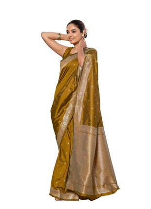 MANOHARI Women's Most Trendy Banarasi Woven Mustard Yellow Saree With Heavy Jacquard Work Saree With Blouse Piece 