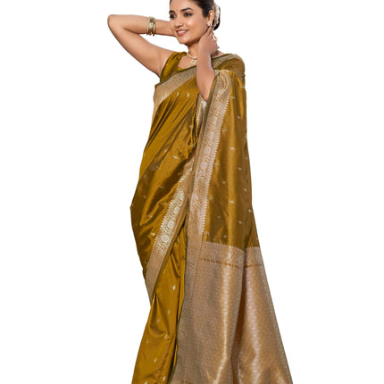 MANOHARI Women's Most Trendy Banarasi Woven Mustard Yellow Saree With Heavy Jacquard Work Saree With Blouse Piece 