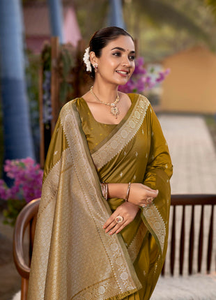 MANOHARI Women's Most Trendy Banarasi Woven Mustard Yellow Saree With Heavy Jacquard Work Saree With Blouse Piece 