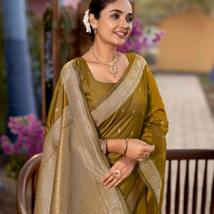 MANOHARI Women's Most Trendy Banarasi Woven Mustard Yellow Saree With Heavy Jacquard Work Saree With Blouse Piece 