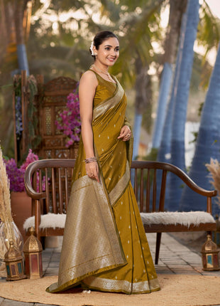 MANOHARI Women's Most Trendy Banarasi Woven Mustard Yellow Saree With Heavy Jacquard Work Saree With Blouse Piece 