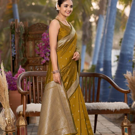 MANOHARI Women's Most Trendy Banarasi Woven Mustard Yellow Saree With Heavy Jacquard Work Saree With Blouse Piece 