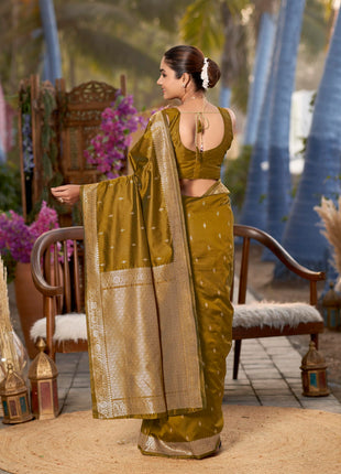 MANOHARI Women's Most Trendy Banarasi Woven Mustard Yellow Saree With Heavy Jacquard Work Saree With Blouse Piece 