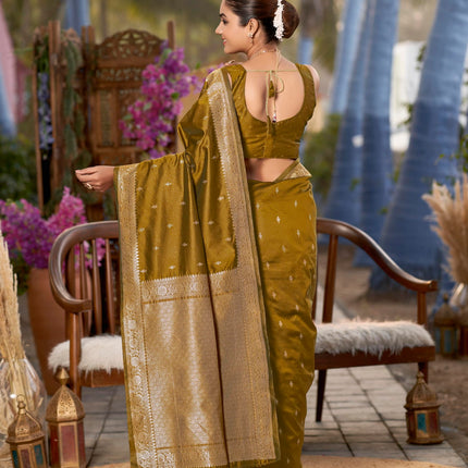 MANOHARI Women's Most Trendy Banarasi Woven Mustard Yellow Saree With Heavy Jacquard Work Saree With Blouse Piece 