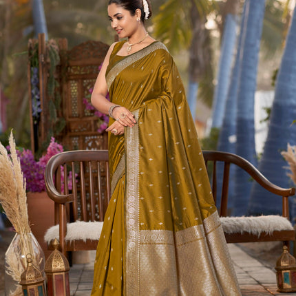 MANOHARI Women's Most Trendy Banarasi Woven Mustard Yellow Saree With Heavy Jacquard Work Saree With Blouse Piece 