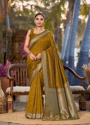 MANOHARI Women's Most Trendy Banarasi Woven Mustard Yellow Saree With Heavy Jacquard Work Saree With Blouse Piece 