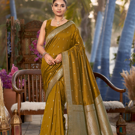 MANOHARI Women's Most Trendy Banarasi Woven Mustard Yellow Saree With Heavy Jacquard Work Saree With Blouse Piece 
