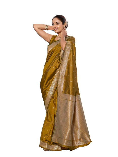 MANOHARI Women's Most Trendy Banarasi Woven Mustard Yellow Saree With Heavy Jacquard Work Saree With Blouse Piece 
