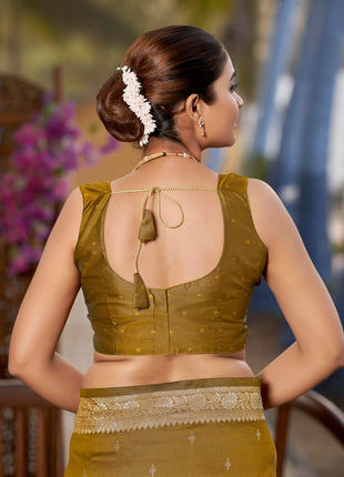 MANOHARI Women's Most Trendy Banarasi Woven Mustard Yellow Saree With Heavy Jacquard Work Saree With Blouse Piece 