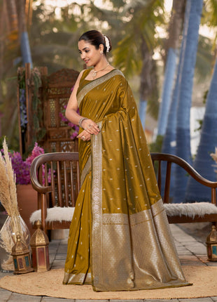 MANOHARI Women's Most Trendy Banarasi Woven Mustard Yellow Saree With Heavy Jacquard Work Saree With Blouse Piece 