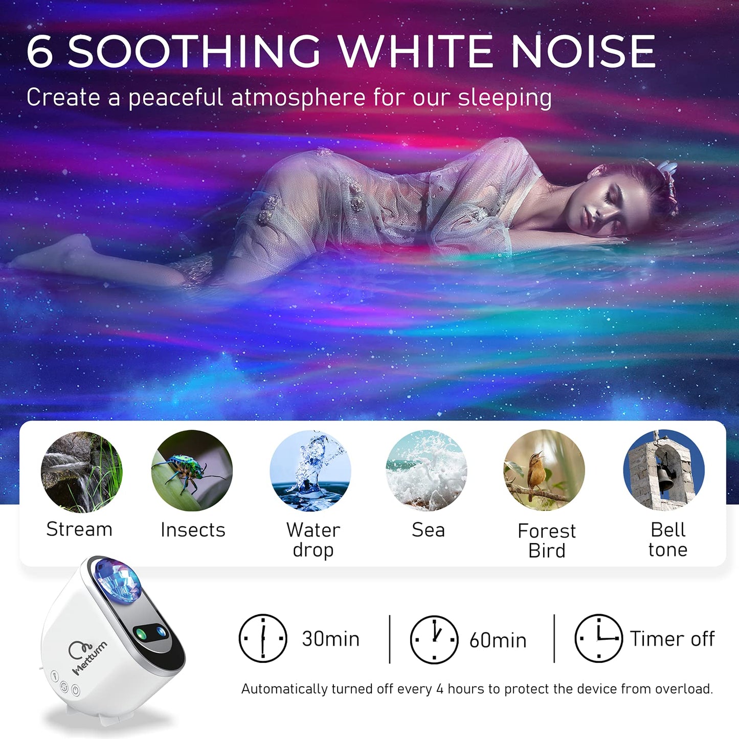 MERTTURM® Galaxy Aurora Projector, 3 in 1 LED Northern Lights Star Projector, 6 White Noise Starry Moon Light with Bluetooth Speaker for Adult Kids Gift, Bedroom, Room Decor 