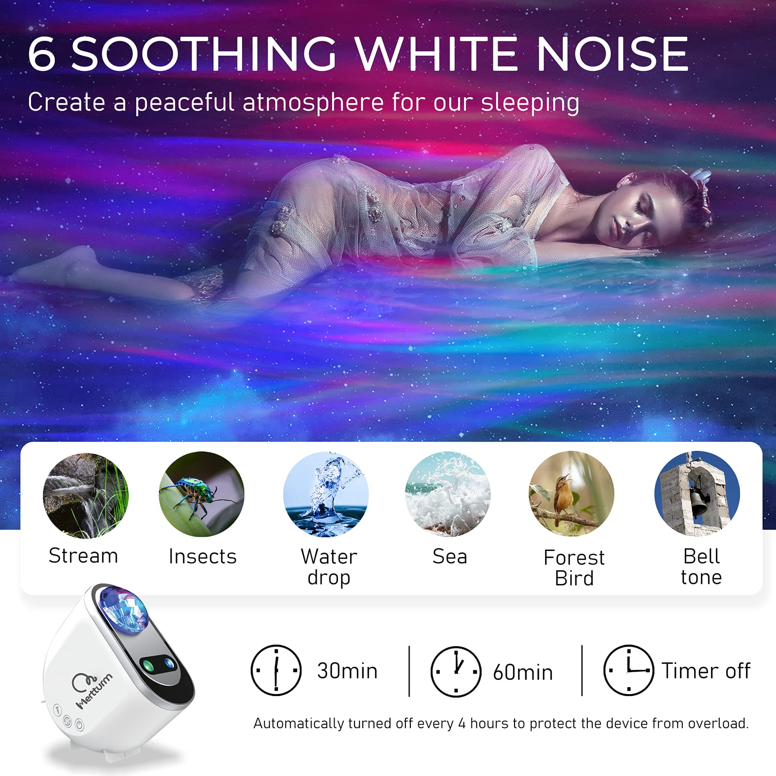MERTTURM® Galaxy Aurora Projector, 3 in 1 LED Northern Lights Star Projector, 6 White Noise Starry Moon Light with Bluetooth Speaker for Adult Kids Gift, Bedroom, Room Decor 