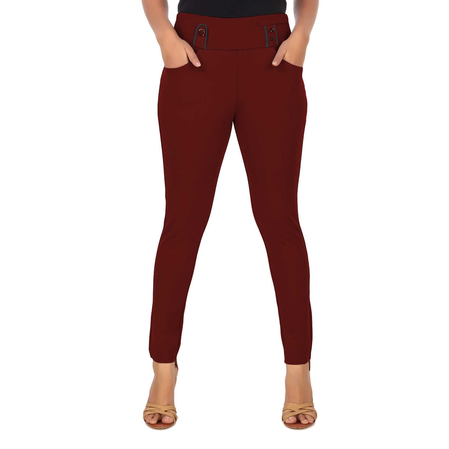 ComfortFit Women's Mid-Waist Jeggings with 2 Front Pockets - Maroon