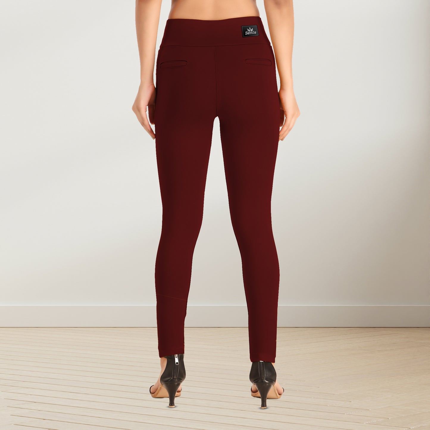 Comfortable Women's Mid-Waist Jeggings with 2 Front Pockets - Maroon