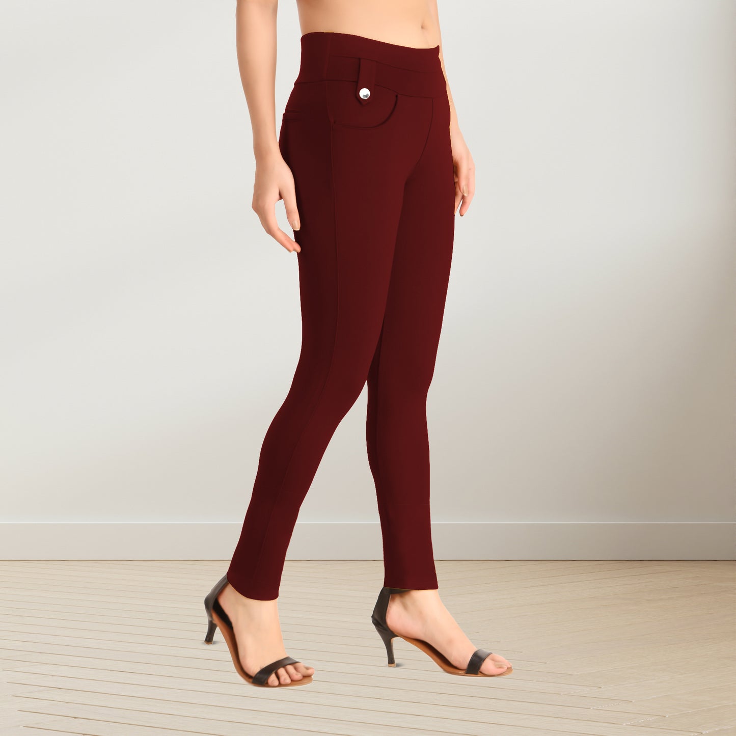 Comfortable Women's Mid-Waist Jeggings with 2 Front Pockets - Maroon