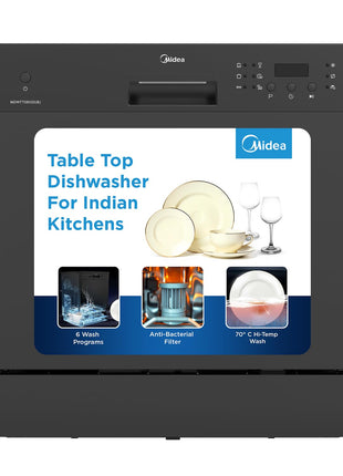 MIDEA 8 Place Setting Countertop Dishwasher (MDWTT0802D (B), Black, 6 wash programs, Portable, anti-bacterial filter & Intensive 70 degree wash for Ultra Hygiene, 24 Hour Delay Timer) 