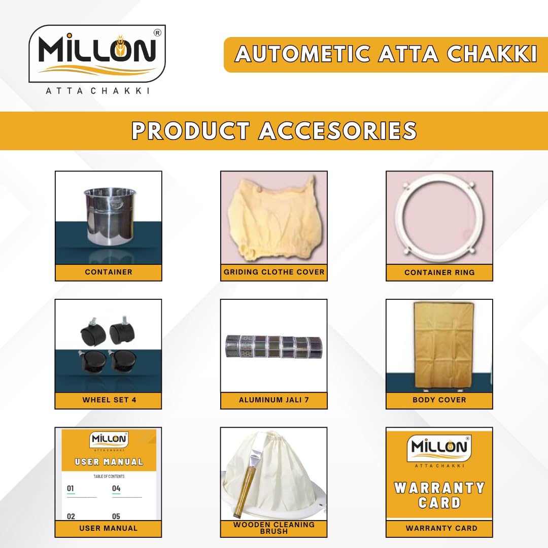 MILLON ATTA CHAKKI Stainless Steel, Sparkle Flour Mill Fully Automatic Domestic Ghar Ghanti for Grinding Grains, with Standard Accessories (0.75 Units/Hr) 