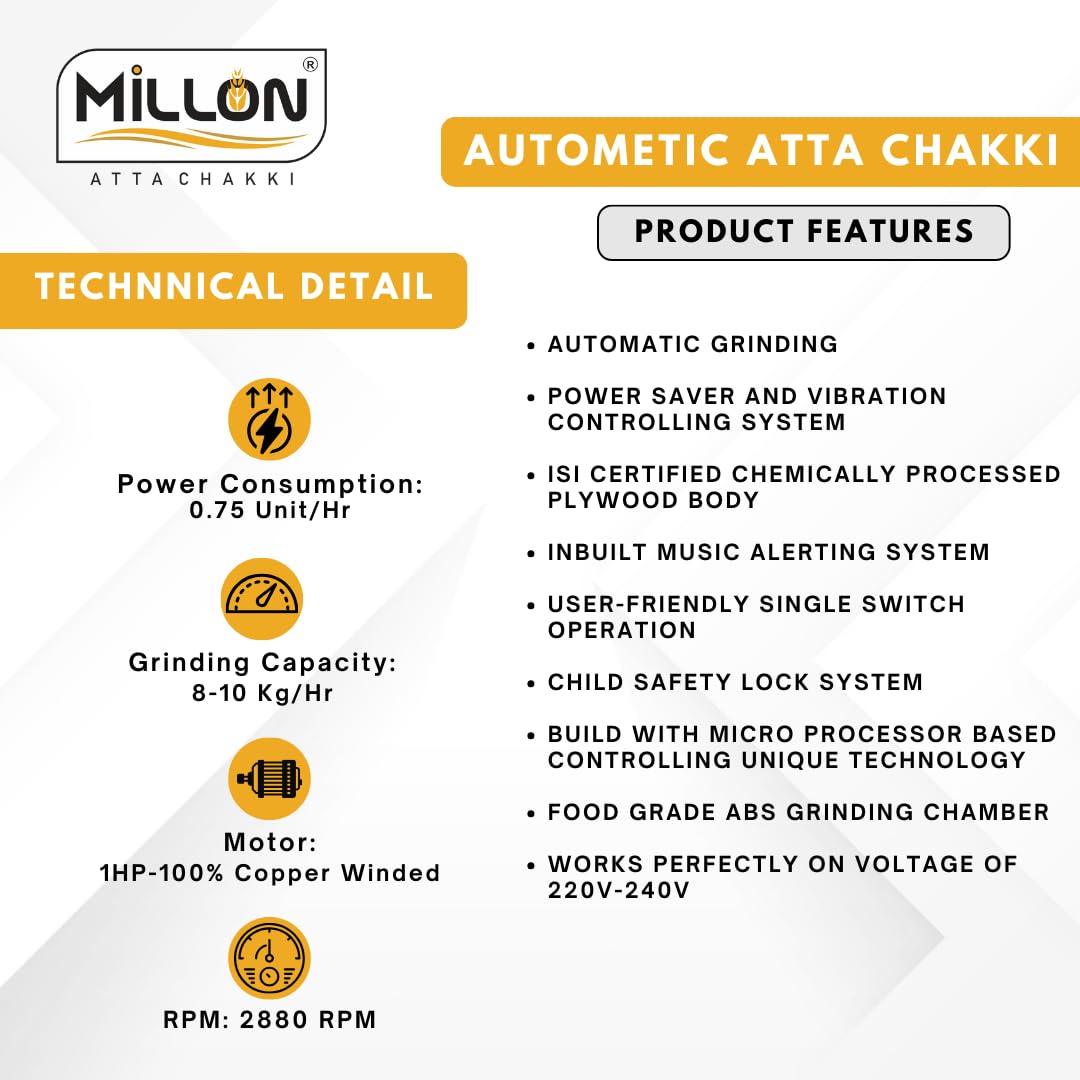 MILLON ATTA CHAKKI Stainless Steel, Sparkle Flour Mill Fully Automatic Domestic Ghar Ghanti for Grinding Grains, with Standard Accessories (0.75 Units/Hr) 