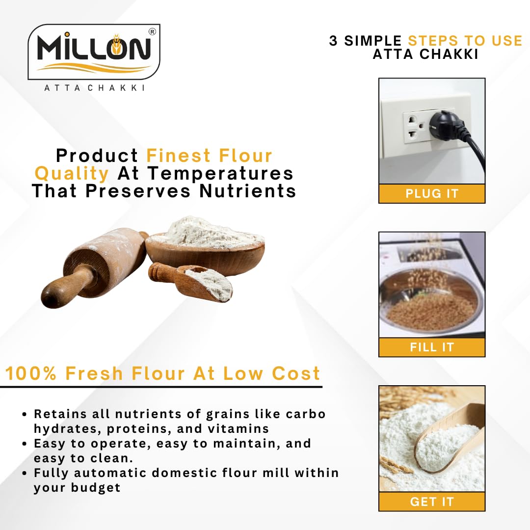 MILLON ATTA CHAKKI Stainless Steel, Sparkle Flour Mill Fully Automatic Domestic Ghar Ghanti for Grinding Grains, with Standard Accessories (0.75 Units/Hr) 