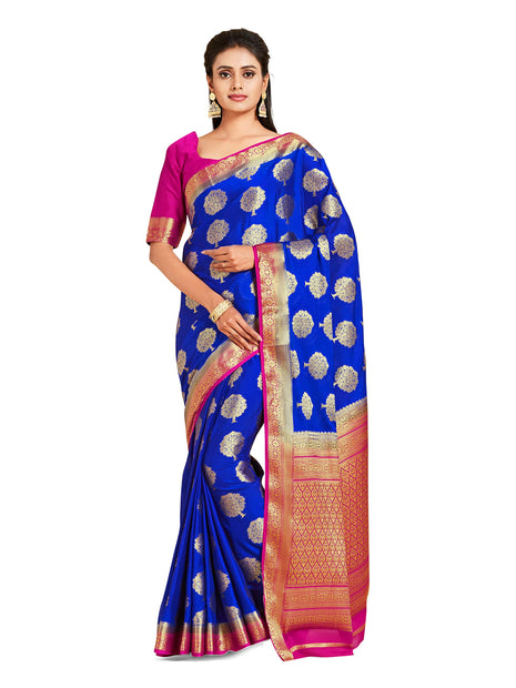 MIMOSA Women Mysore Silk Style Crepe Saree Color : Blue (4858-2656-2D-Rb-Rn) 