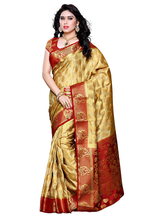 MIMOSA Women's Traditional Art Silk Saree Kanjivaram Style With Blouse Color:Chiku(3299-224-CKU-MRN) 
