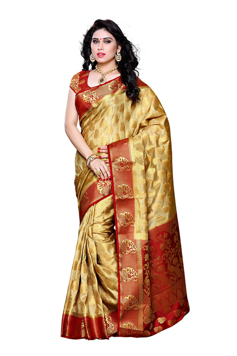 MIMOSA Women's Traditional Art Silk Saree Kanjivaram Style With Blouse Color:Chiku(3299-224-CKU-MRN) 