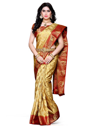 MIMOSA Women's Traditional Art Silk Saree Kanjivaram Style With Blouse Color:Chiku(3299-224-CKU-MRN) 