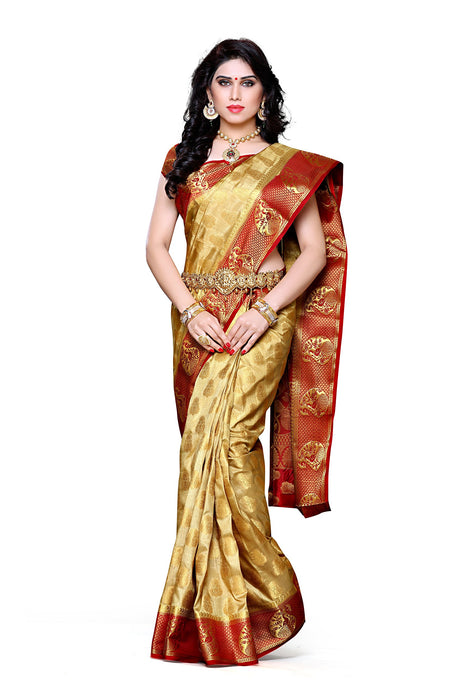 MIMOSA Women's Traditional Art Silk Saree Kanjivaram Style With Blouse Color:Chiku(3299-224-CKU-MRN) 