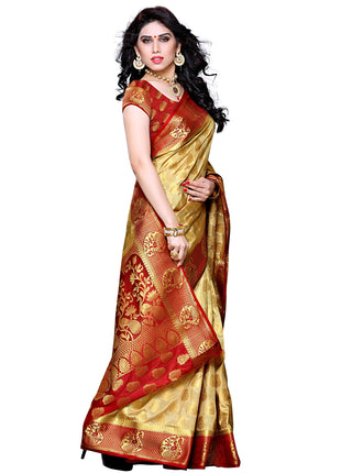 MIMOSA Women's Traditional Art Silk Saree Kanjivaram Style With Blouse Color:Chiku(3299-224-CKU-MRN) 