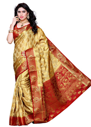 MIMOSA Women's Traditional Art Silk Saree Kanjivaram Style With Blouse Color:Chiku(3299-224-CKU-MRN) 