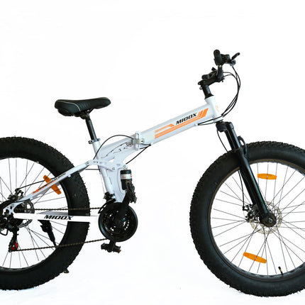 MIOOX Fat Tyre Folding White Cycles Bicycle Dual Suspension Fat Mountain Bike with 26X4 Inch Wheels and with 21 Speed Shimano Gears 26 T Fat Tyre Cycle for Unisex Adults 18 Inches (Orange) 