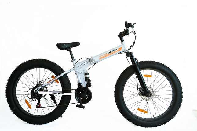 MIOOX Fat Tyre Folding White Cycles Bicycle Dual Suspension Fat Mountain Bike with 26X4 Inch Wheels and with 21 Speed Shimano Gears 26 T Fat Tyre Cycle for Unisex Adults 18 Inches (Orange) 