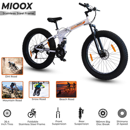 MIOOX Fat Tyre Folding White Cycles Bicycle Dual Suspension Fat Mountain Bike with 26X4 Inch Wheels and with 21 Speed Shimano Gears 26 T Fat Tyre Cycle for Unisex Adults 18 Inches (Orange) 