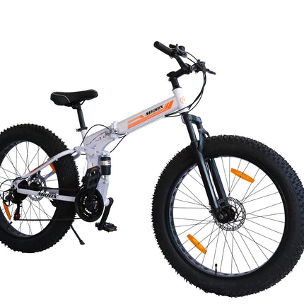 MIOOX Fat Tyre Folding White Cycles Bicycle Dual Suspension Fat Mountain Bike with 26X4 Inch Wheels and with 21 Speed Shimano Gears 26 T Fat Tyre Cycle for Unisex Adults 18 Inches (Orange) 