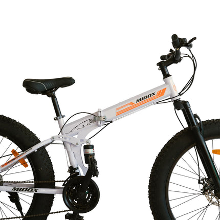 MIOOX Fat Tyre Folding White Cycles Bicycle Dual Suspension Fat Mountain Bike with 26X4 Inch Wheels and with 21 Speed Shimano Gears 26 T Fat Tyre Cycle for Unisex Adults 18 Inches (Orange) 